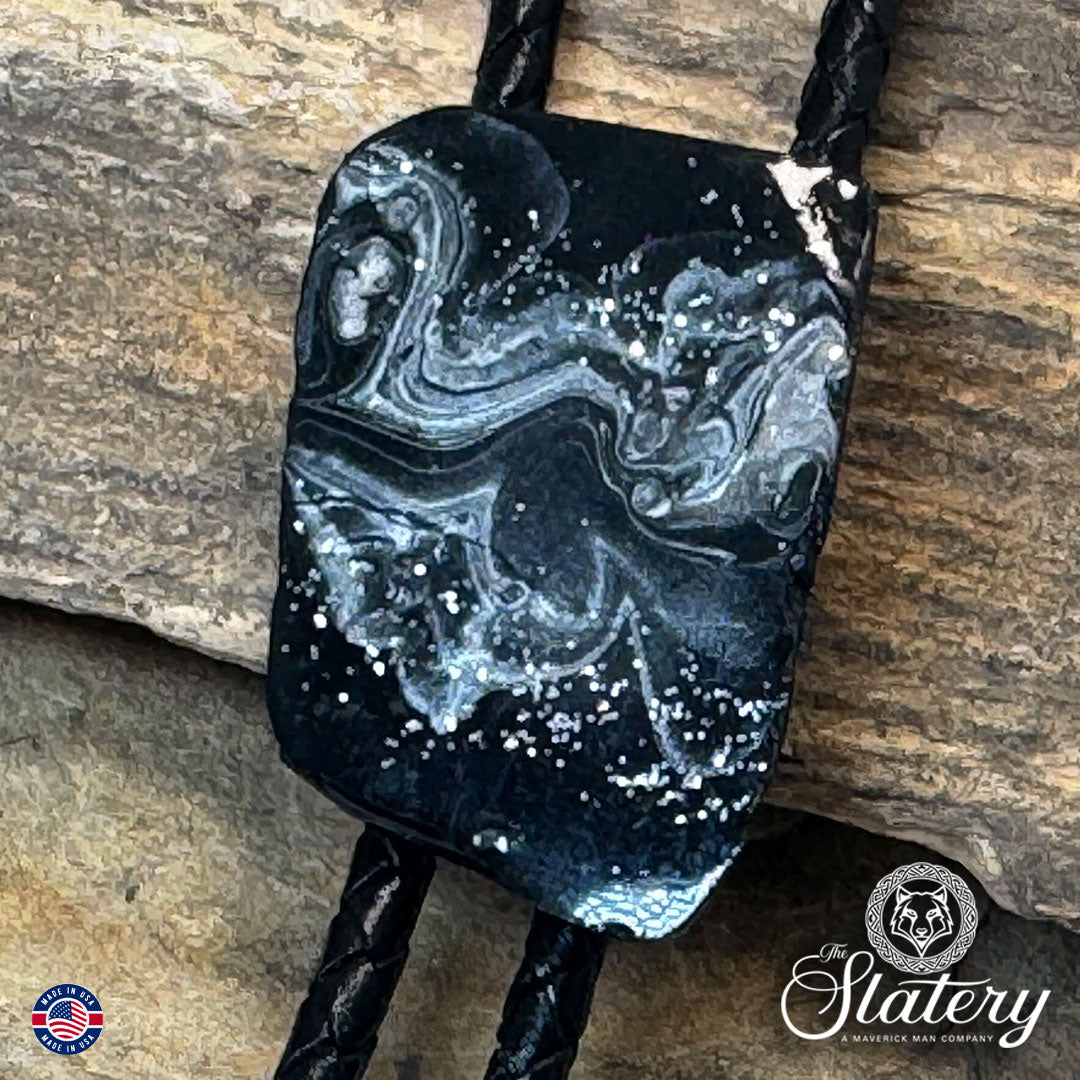 Dressy bolo tie made from slate with silver accents