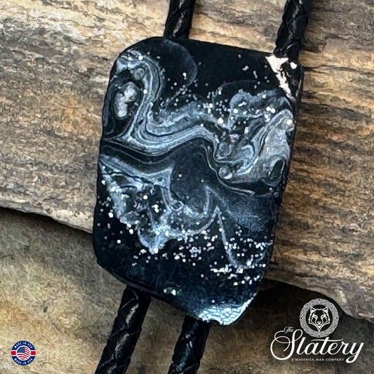 Dressy bolo tie made from slate with silver accents