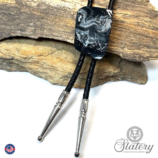 Dressy bolo tie made from slate with silver accents