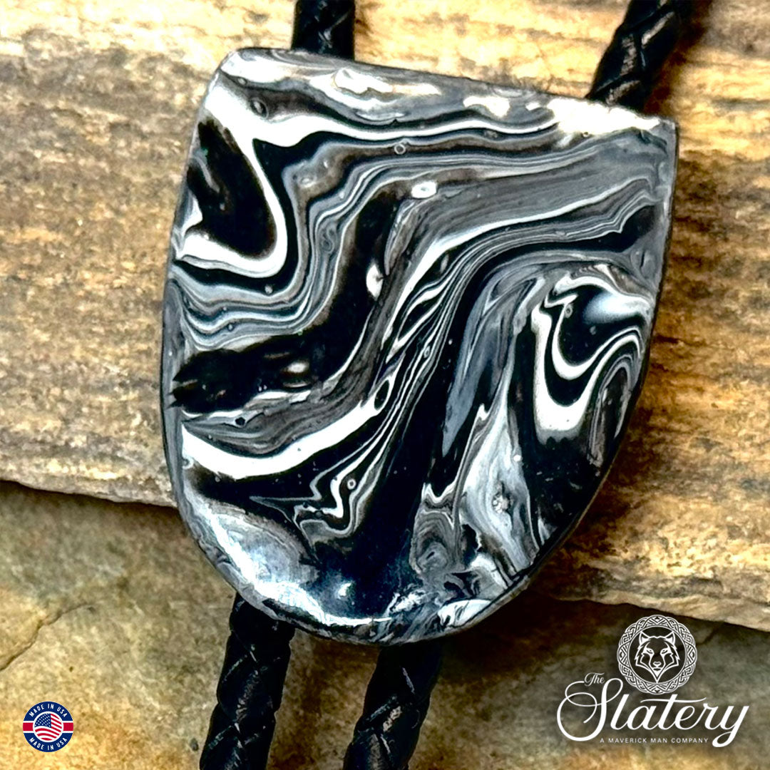 Black and white bolo tie made from slate