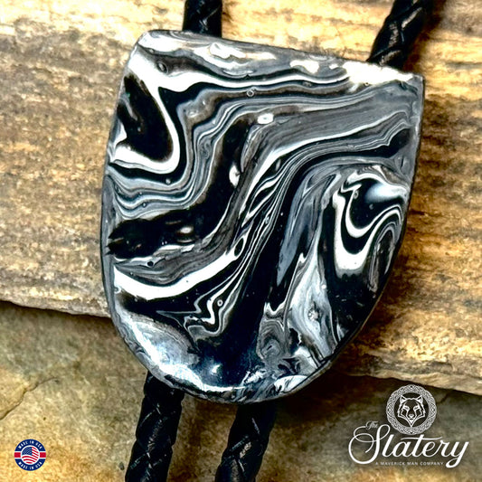 Black and white bolo tie made from slate