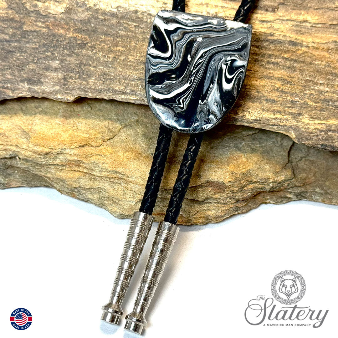 Black and white bolo tie made from slate