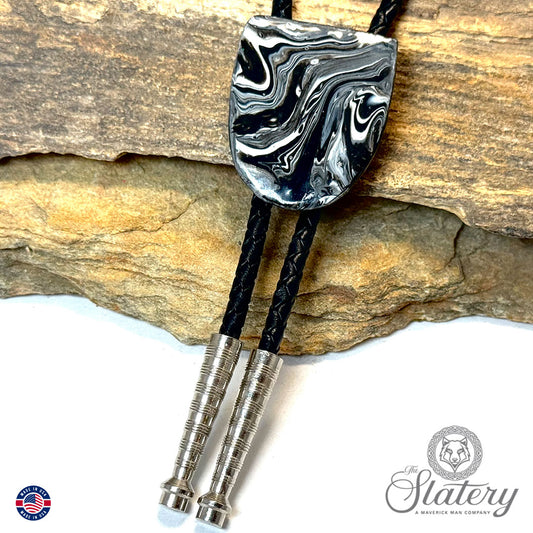 Black and white bolo tie made from slate