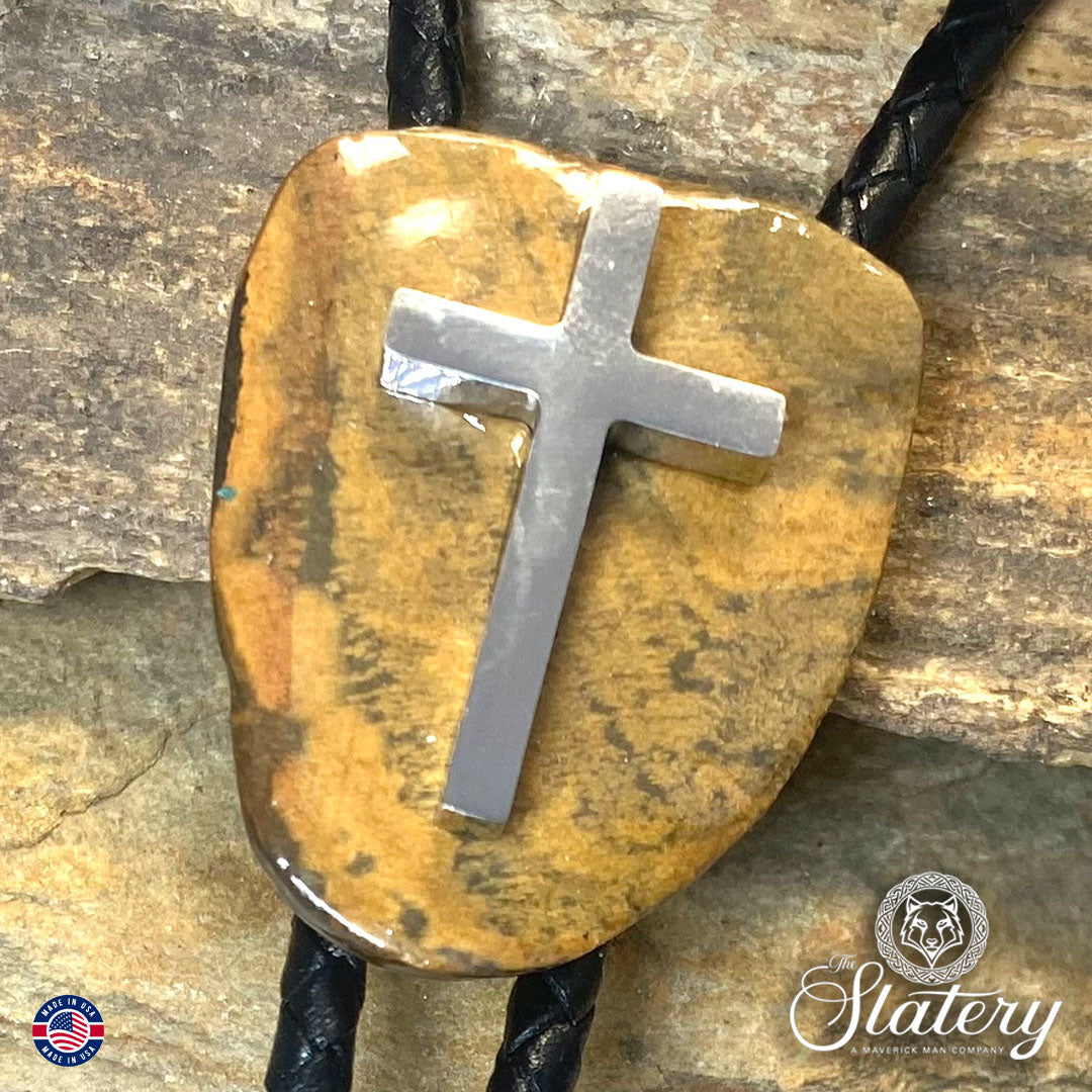 Natural slate bolo tie with stainless steel cross