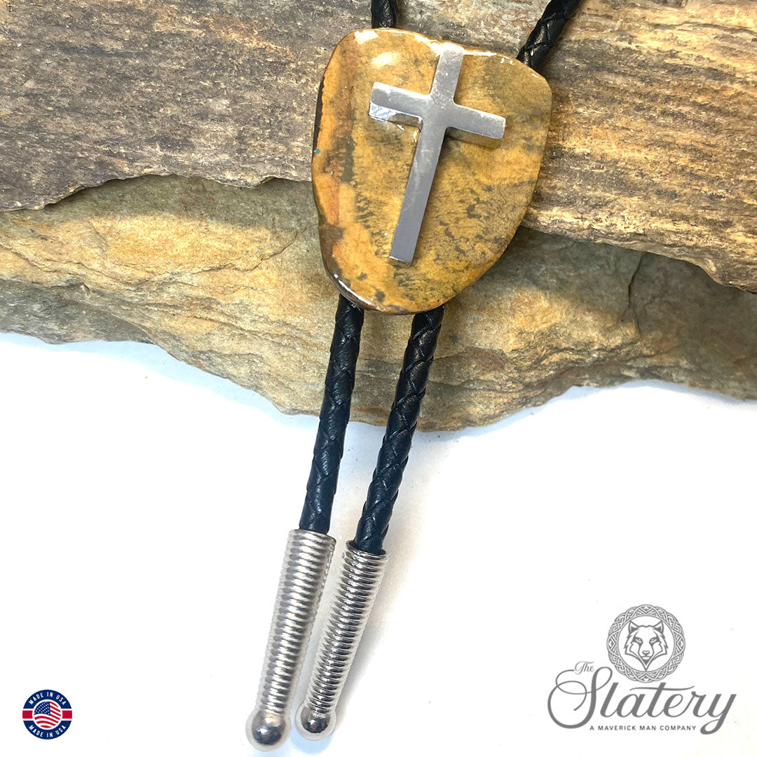 Natural slate bolo tie with stainless steel cross