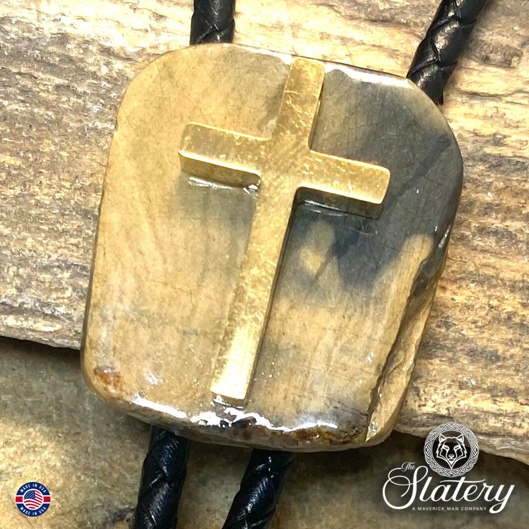 Natural slate bolo tie with stainless steel cross