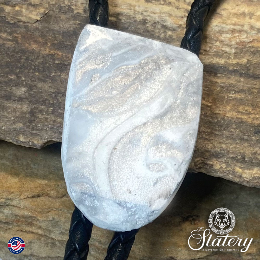 Small white and silver bolo tie made from slate