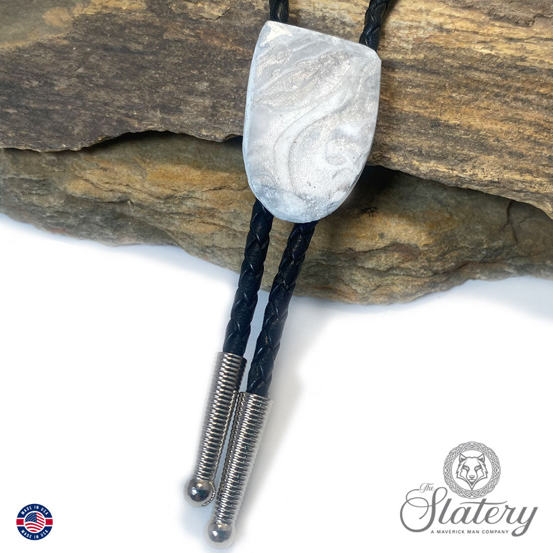 Small white and silver bolo tie made from slate