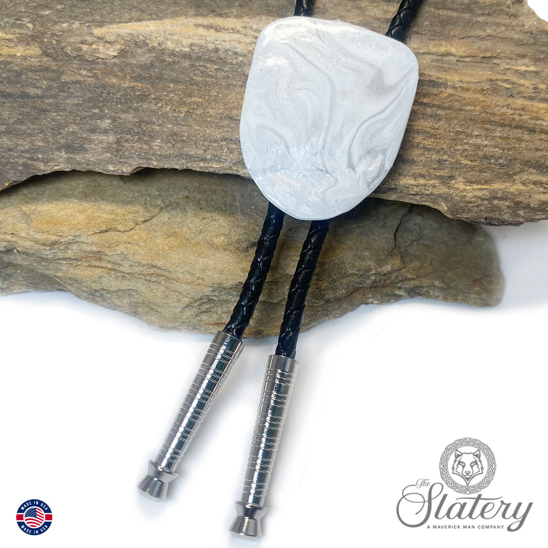Silver and white bolo tie made from slate