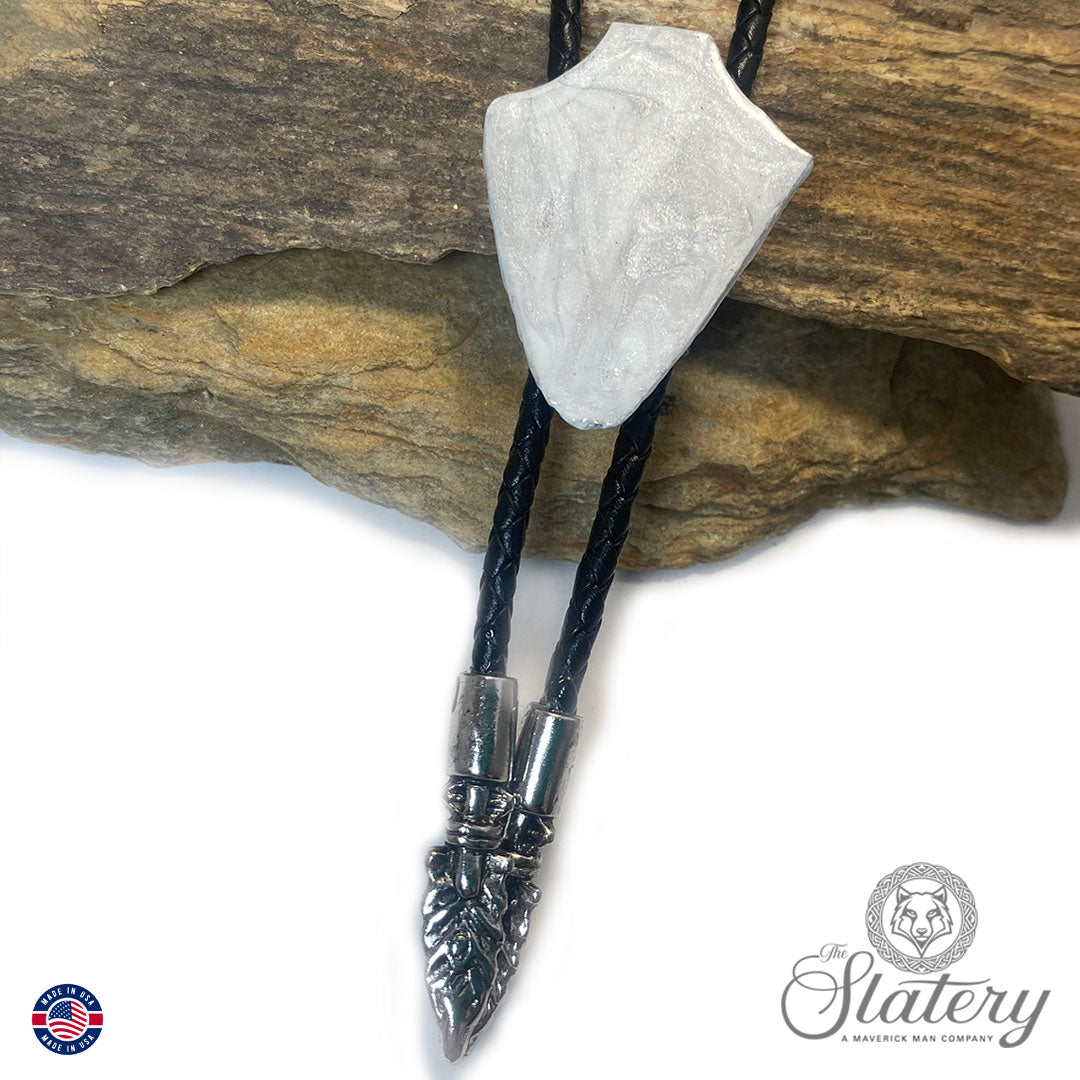 Silver and white arrowhead bolo tie made from slate