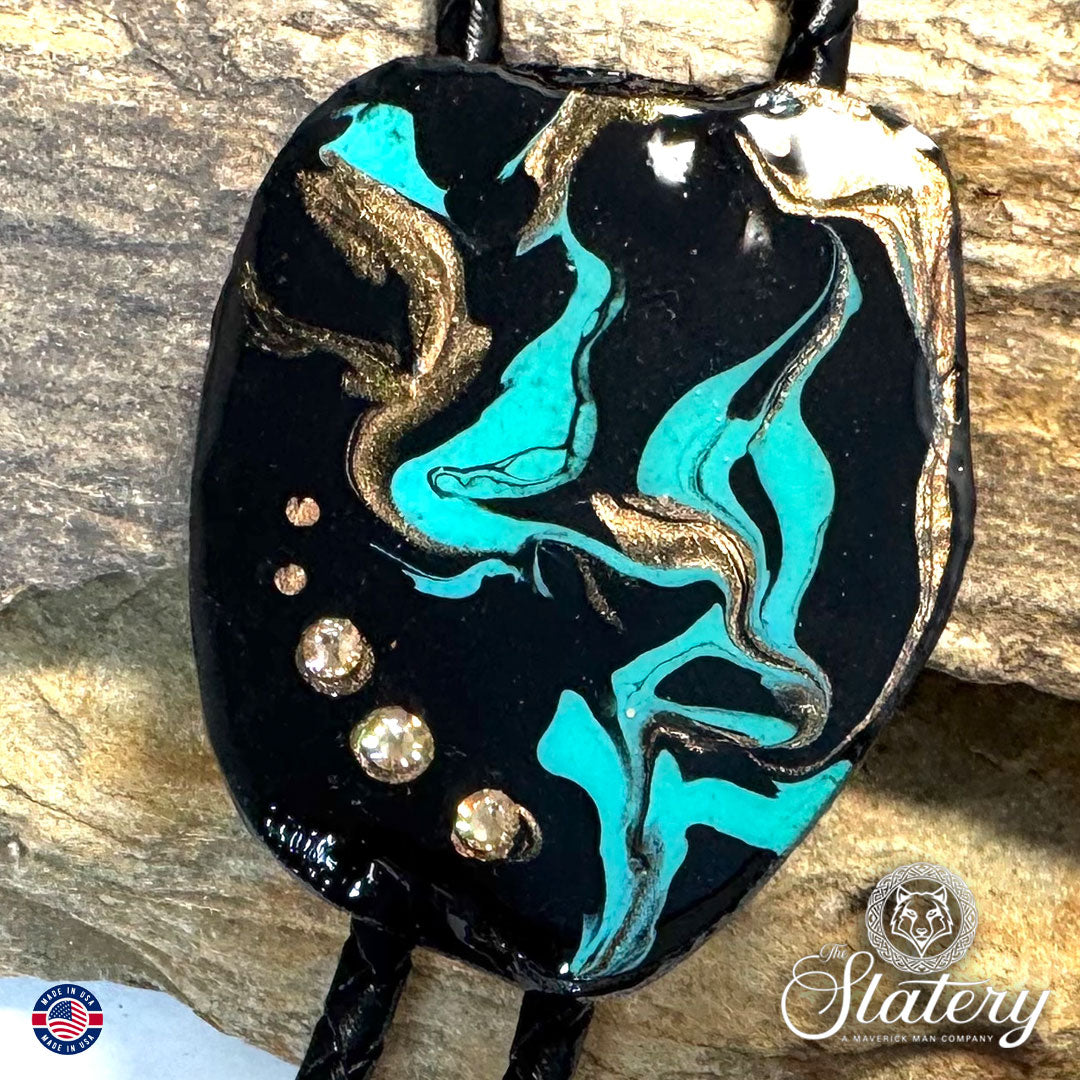 Handsome Blackjack Turquoise colored slate bolo tie with bling