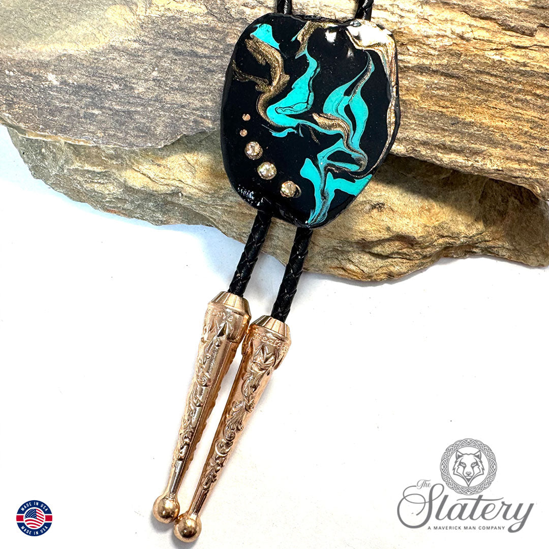 Handsome Blackjack Turquoise colored slate bolo tie with bling