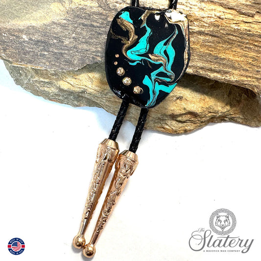 Handsome Blackjack Turquoise colored slate bolo tie with bling
