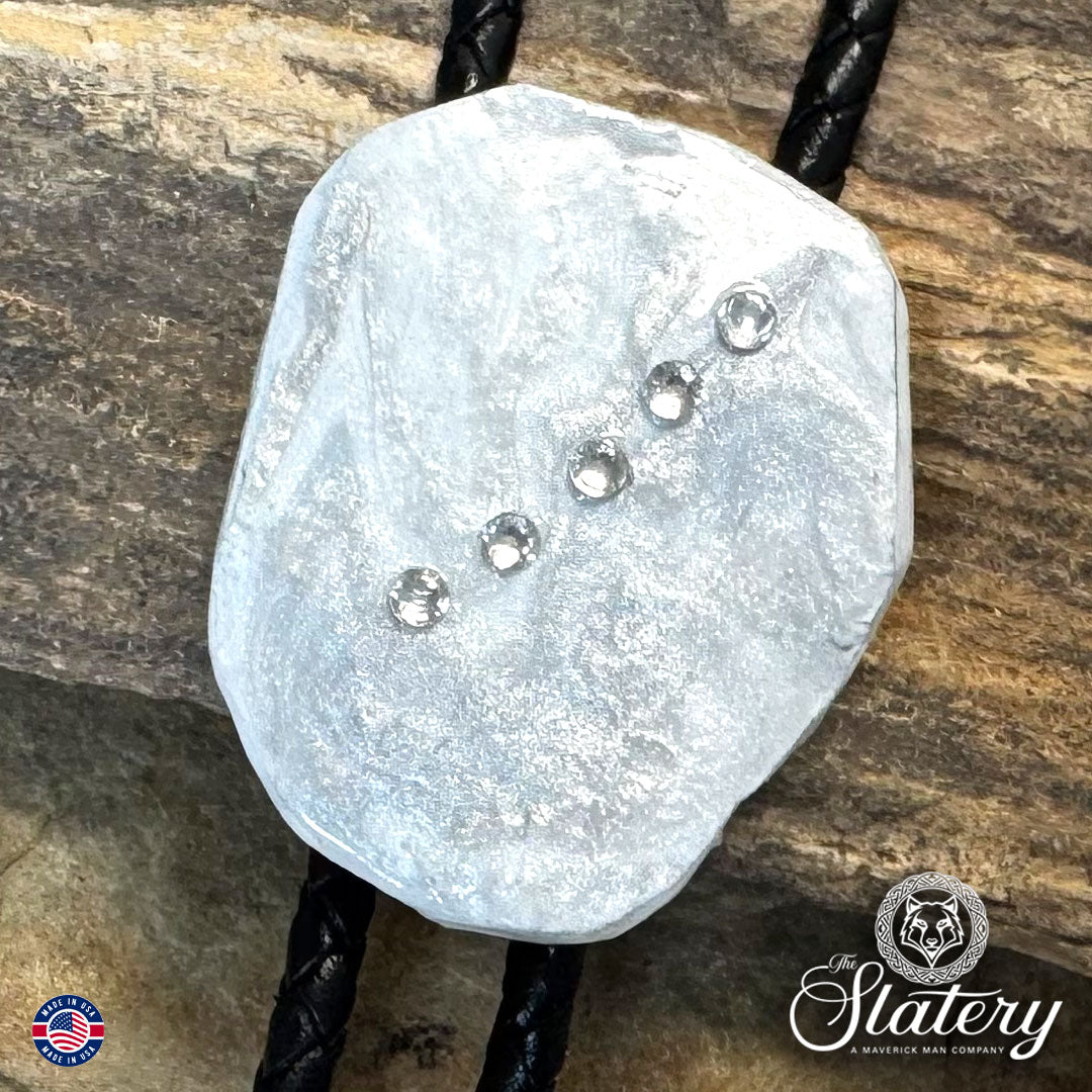 Silver and white bolo tie with bling