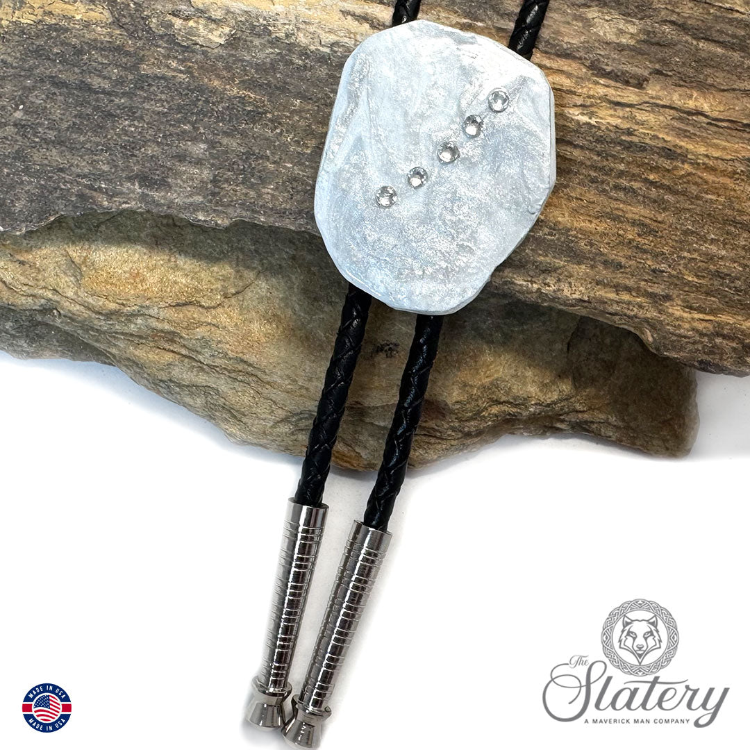 Silver and white bolo tie with bling