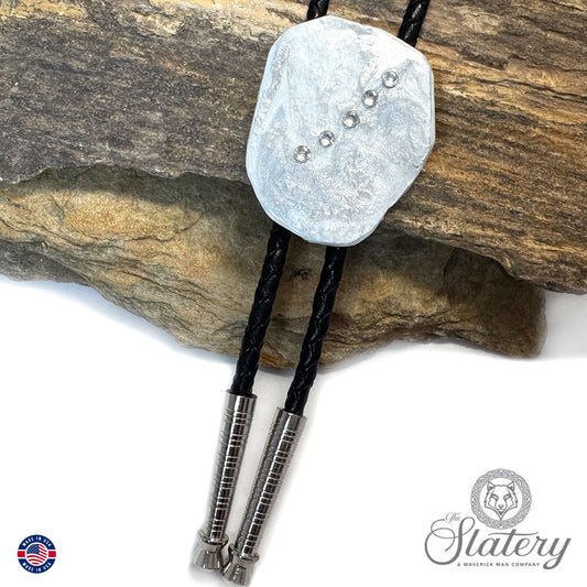 Silver and white bolo tie with bling