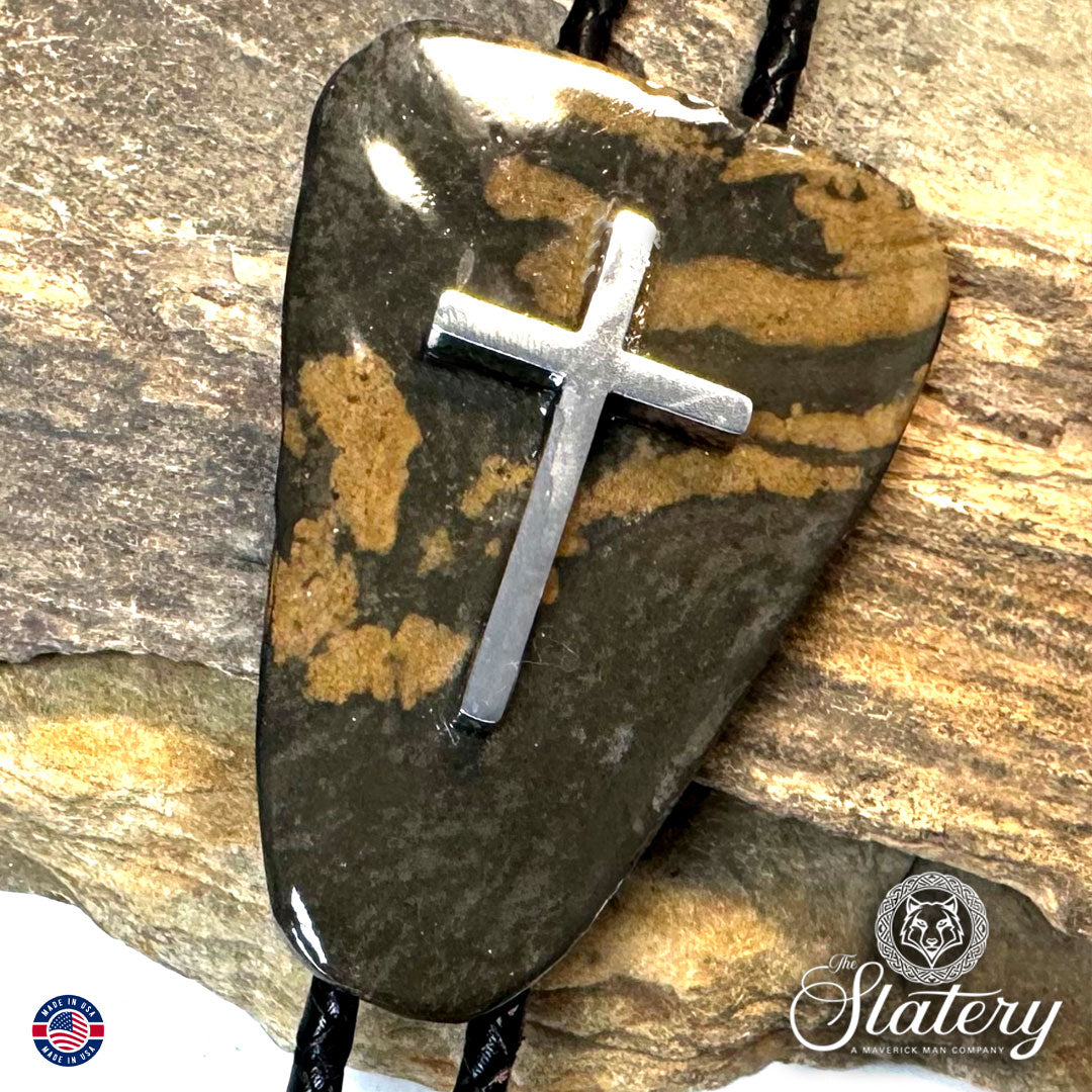 Large natural slate bolo tie with stainless steel cross