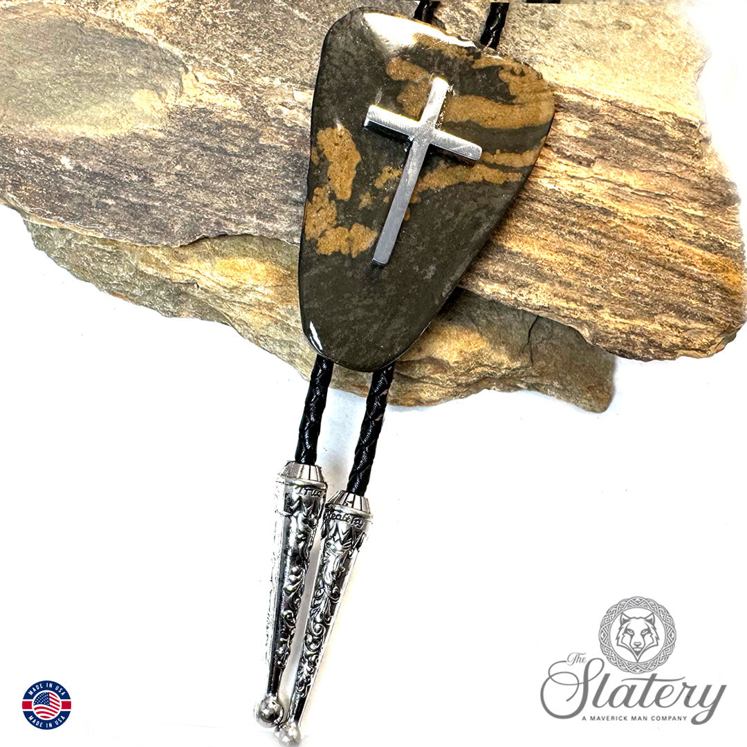 Large natural slate bolo tie with stainless steel cross