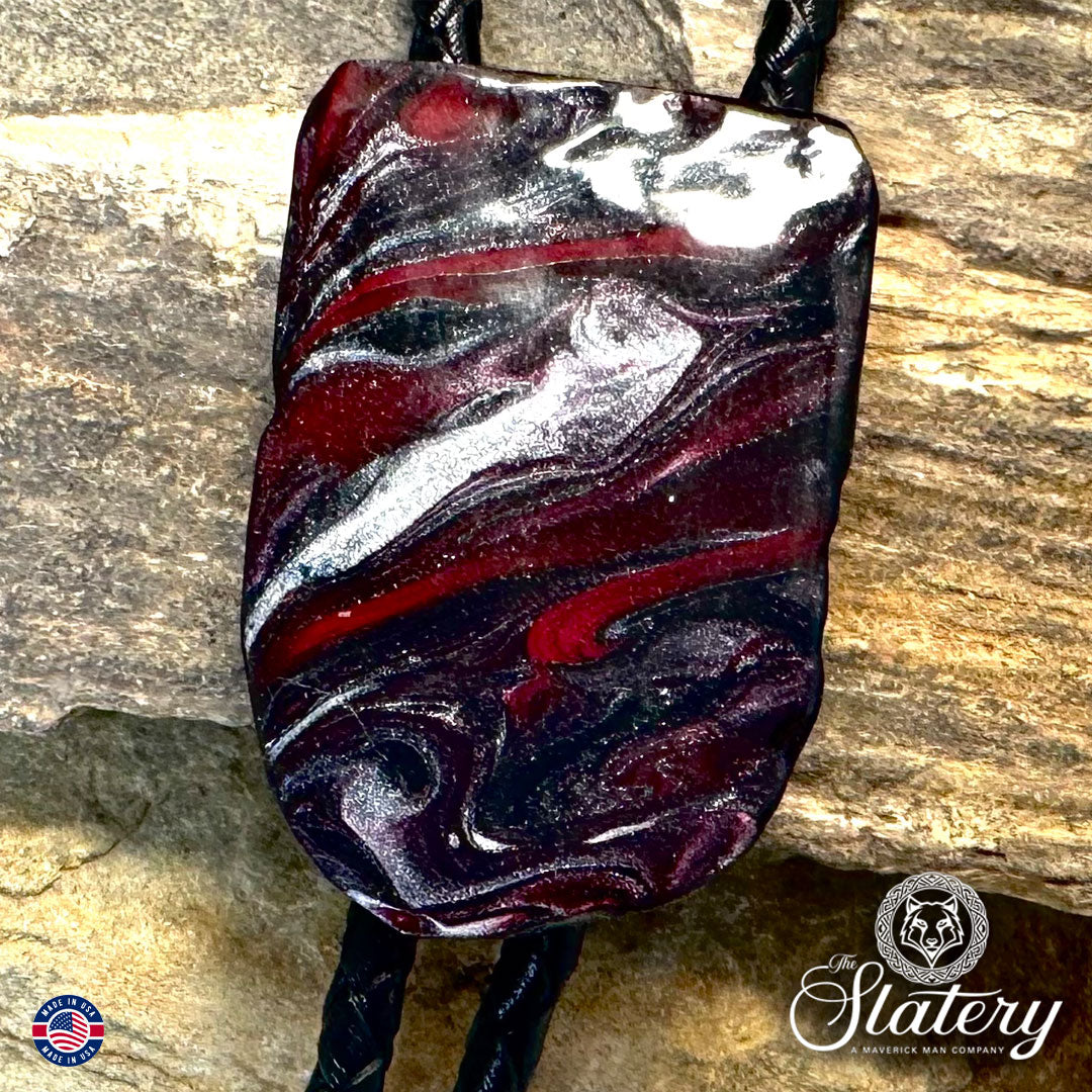 Slate bolo tie made with red black and platinum
