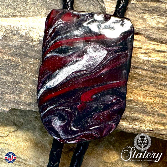 Slate bolo tie made with red black and platinum