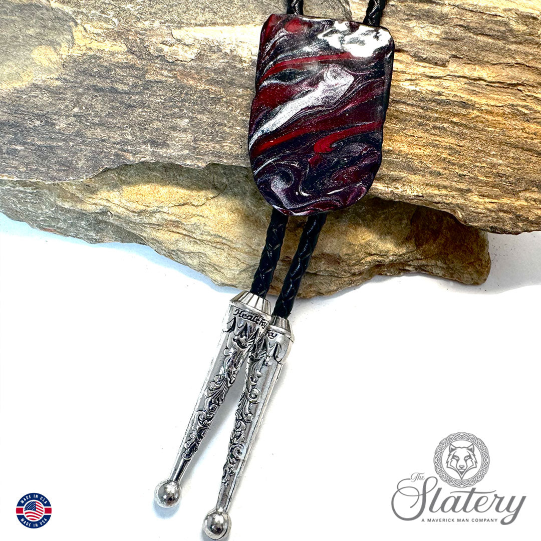 Slate bolo tie made with red black and platinum