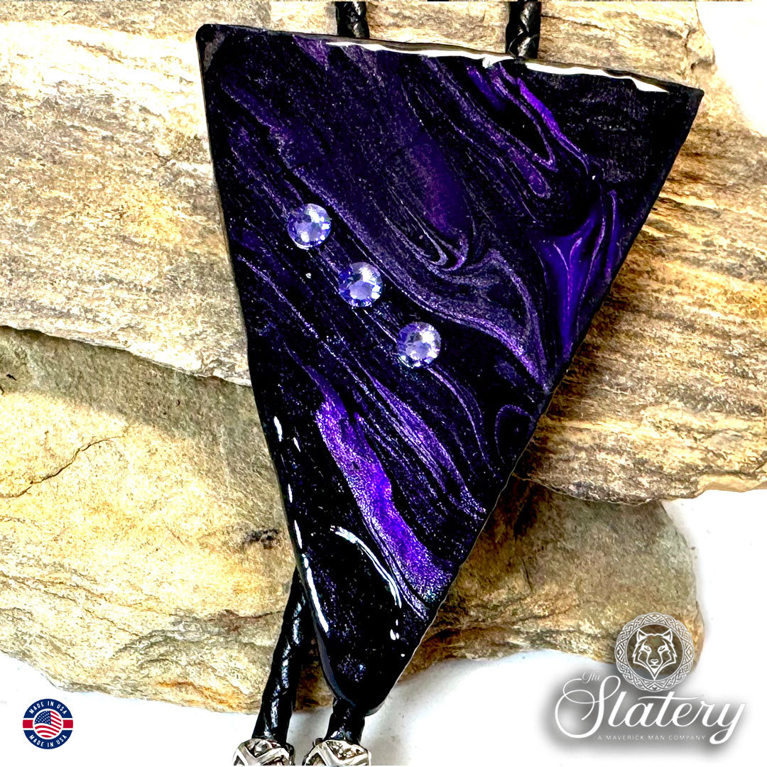 Large dressy purple and black bolo tie with bling