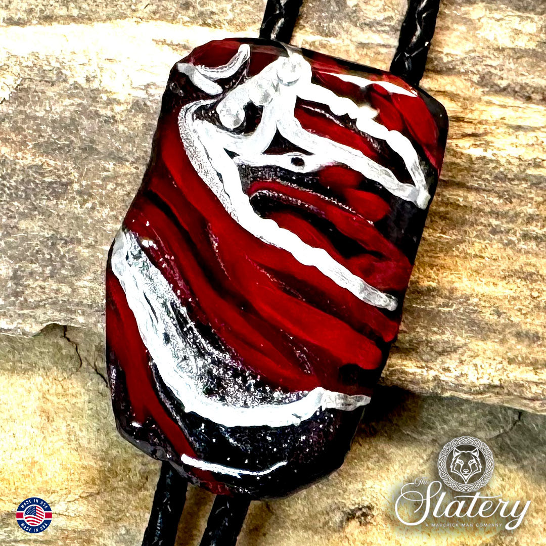 Striking red and black slate bolo tie with chrome accents