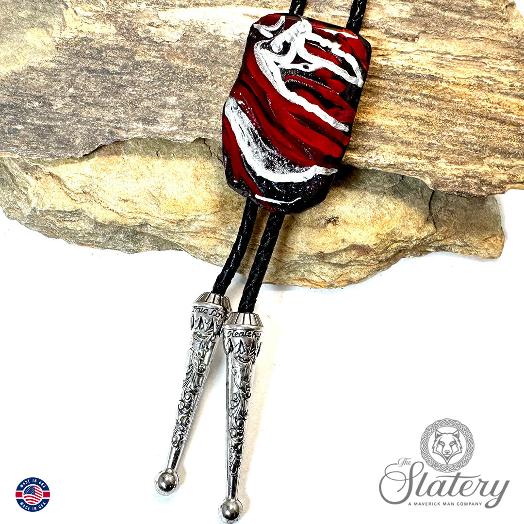 Striking red and black slate bolo tie with chrome accents