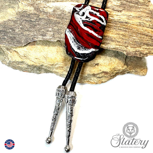 Striking red and black slate bolo tie with chrome accents