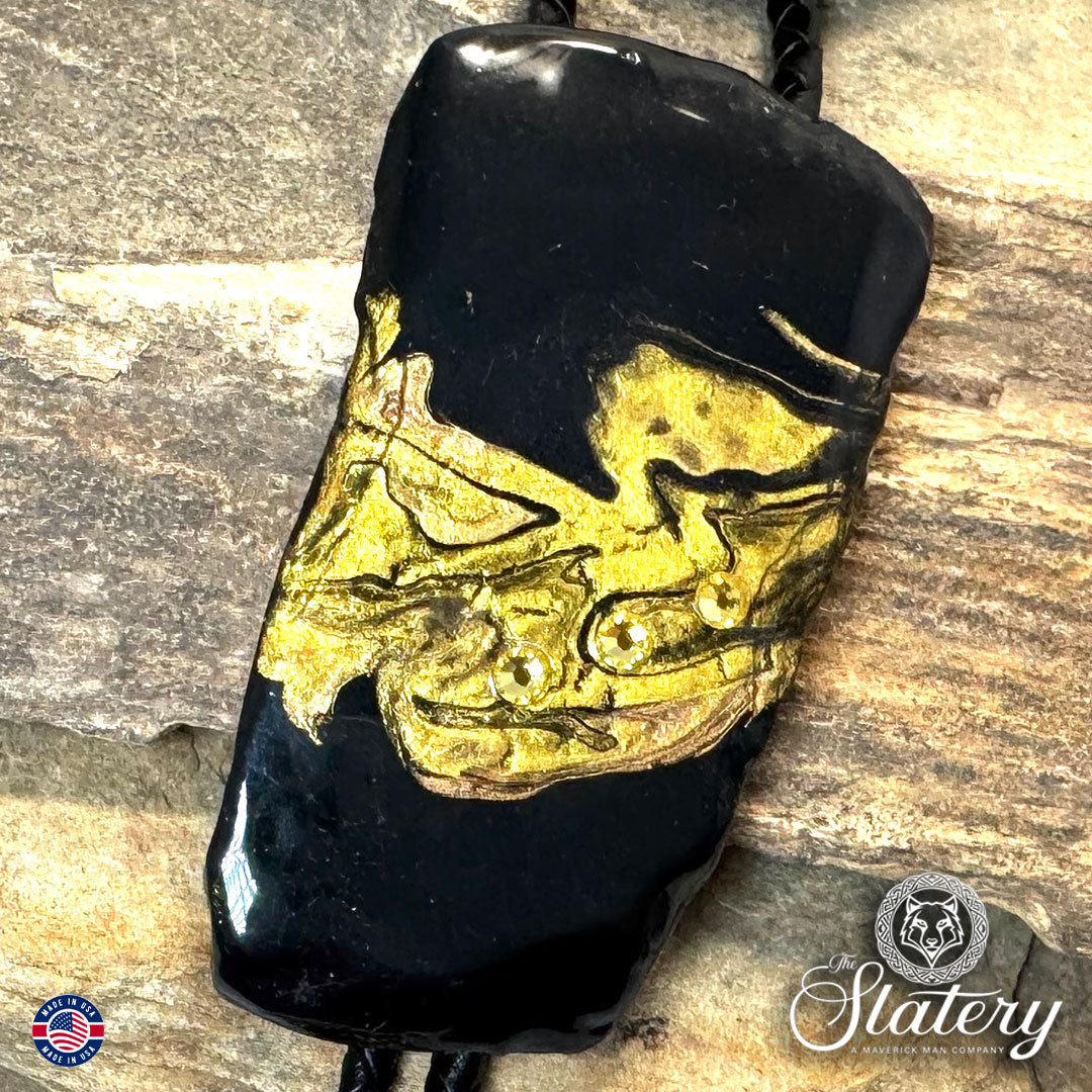 Large dressy gold and black slate bolo tie with bling