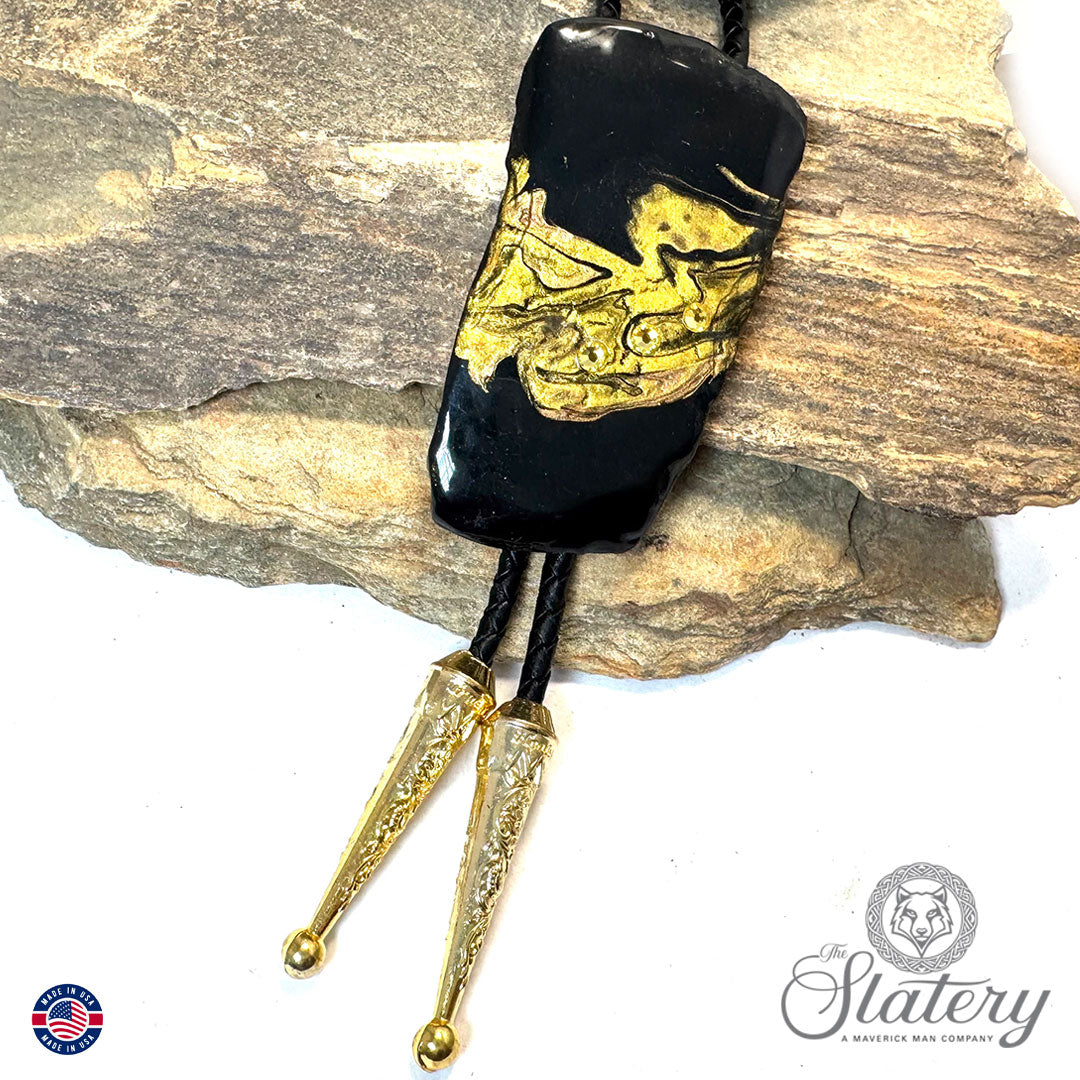 Large dressy gold and black slate bolo tie with bling