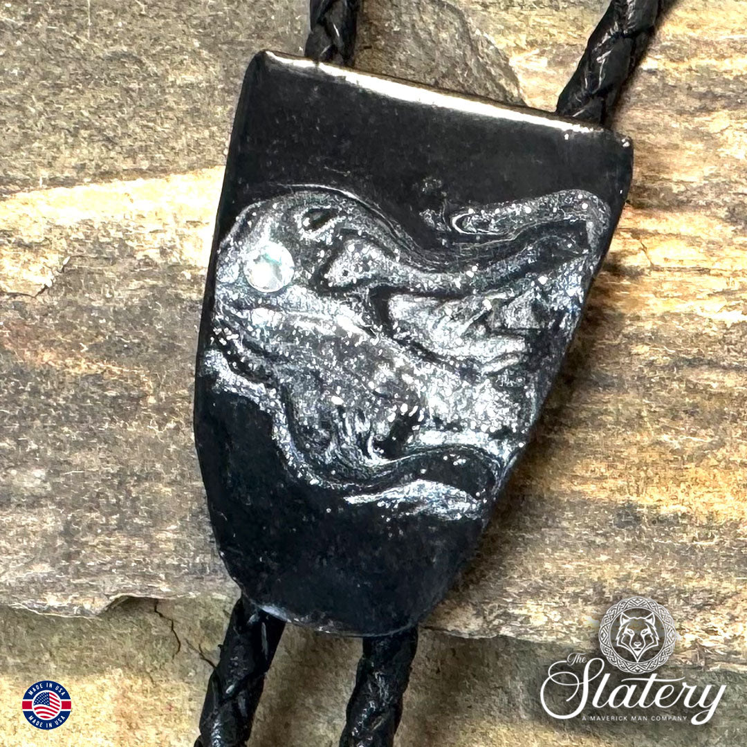 Small silver and black slate bolo tie with bling