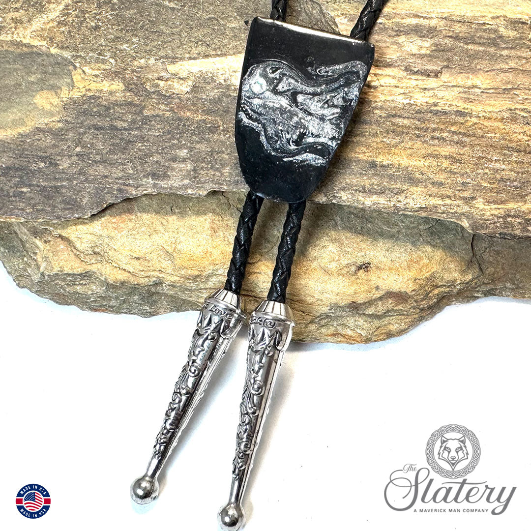 Small silver and black slate bolo tie with bling