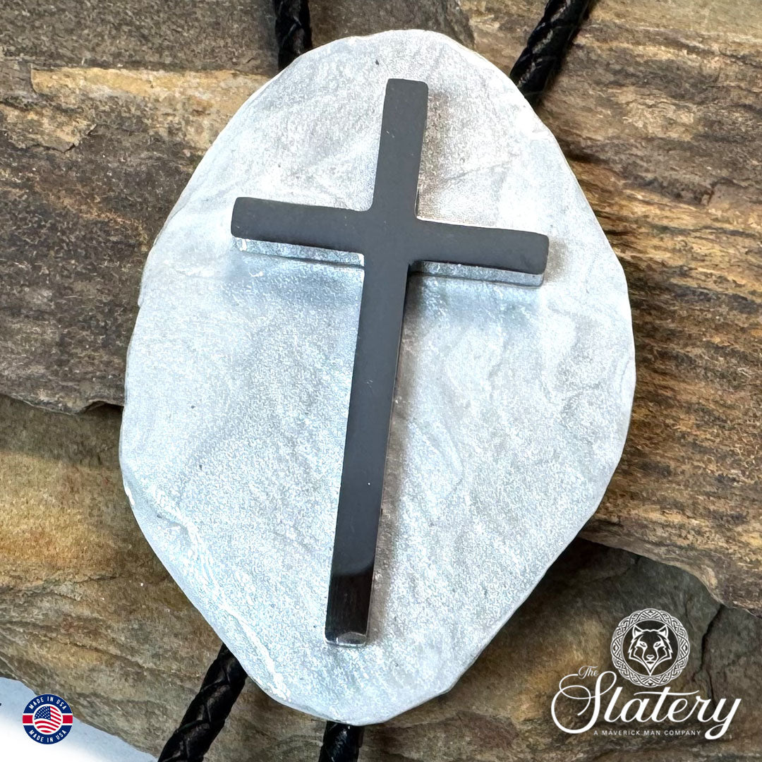 Large Christian bolo tie made from slate with stainless steel cross