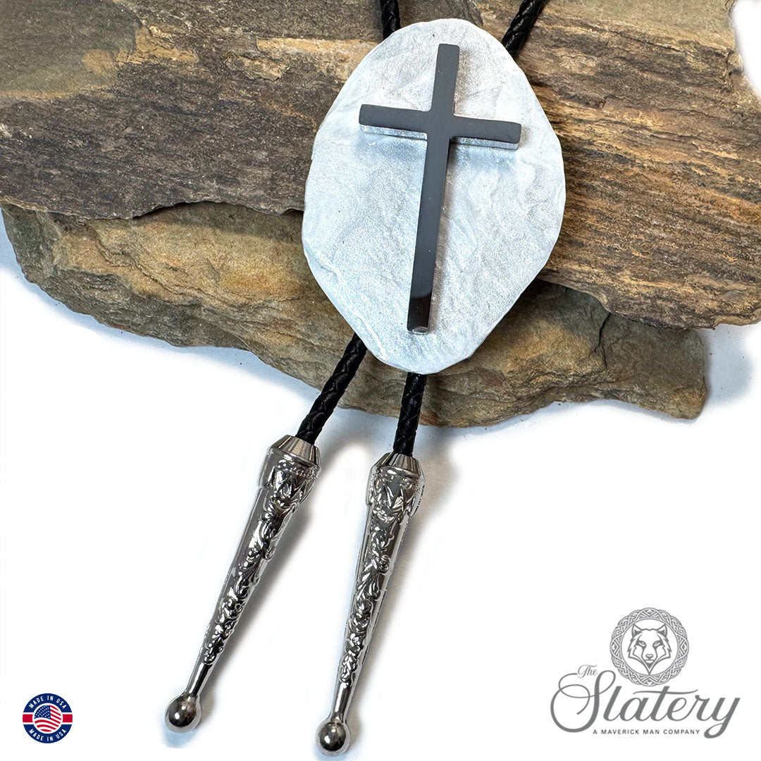 Large Christian bolo tie made from slate with stainless steel cross