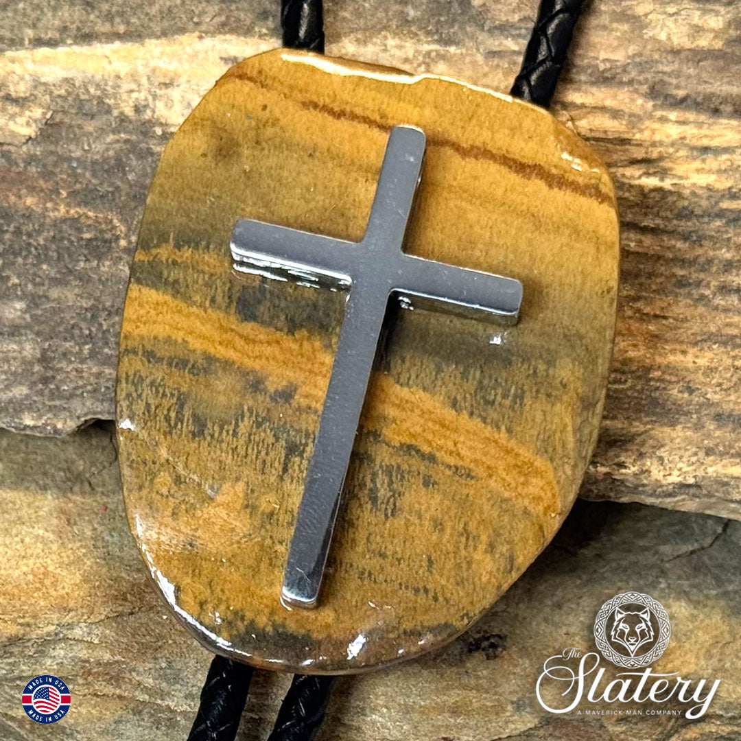 Large natural slate bolo tie with stainless steel cross