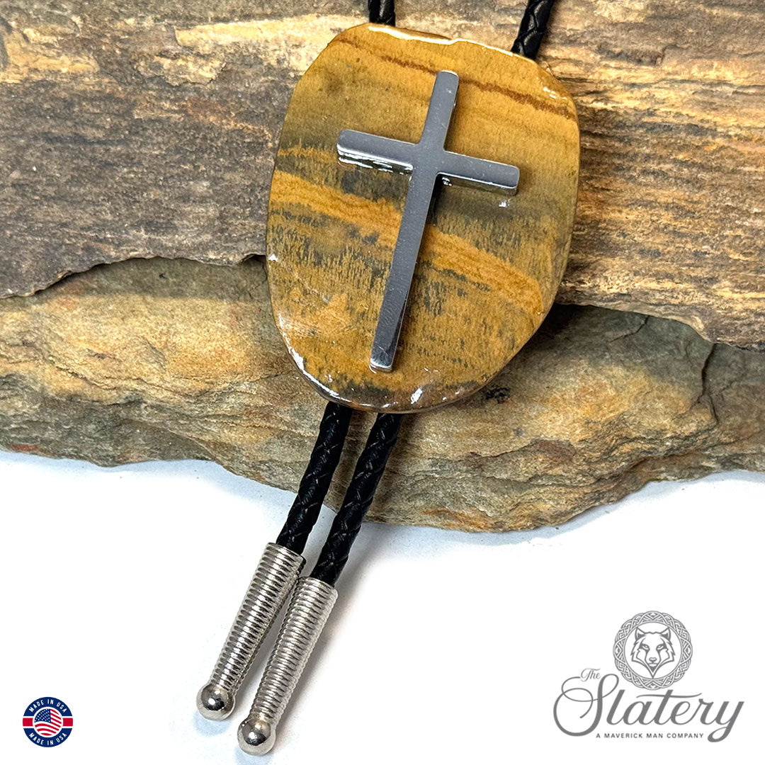 Large natural slate bolo tie with stainless steel cross