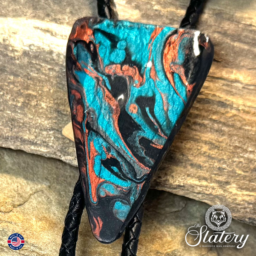 Large metallic turquoise and copper arrowhead bolo tie