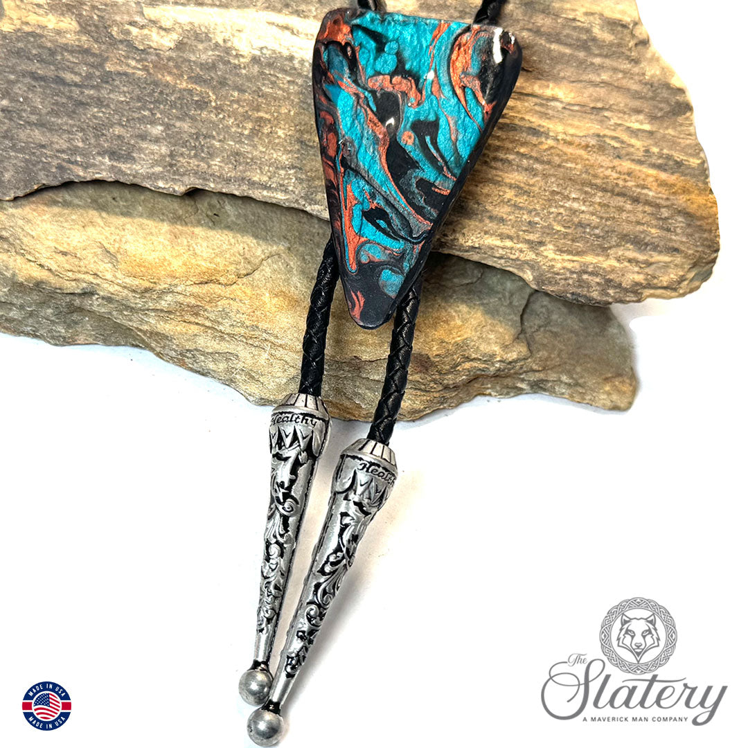 Large metallic turquoise and copper arrowhead bolo tie