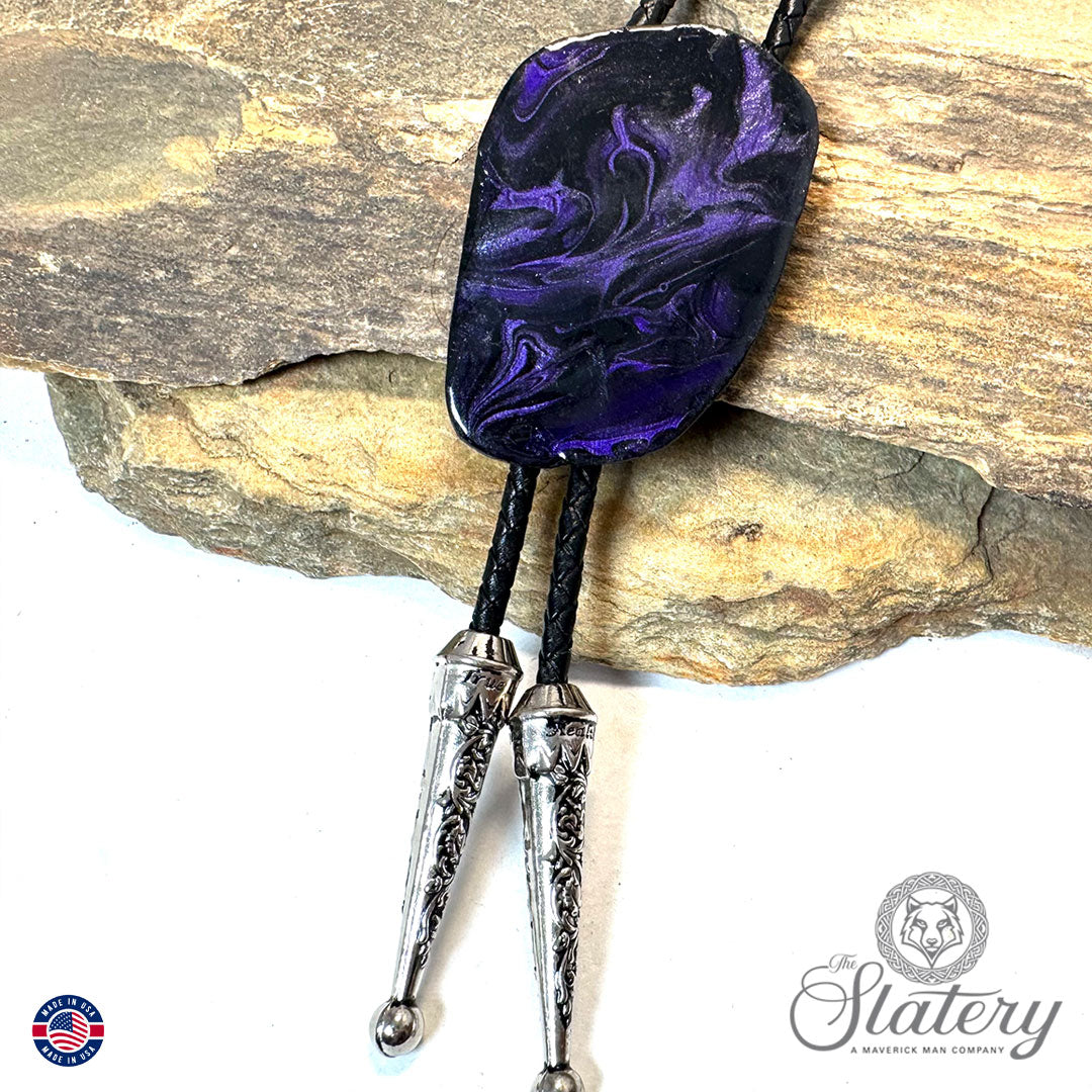 Purple and black bolo tie made from slate