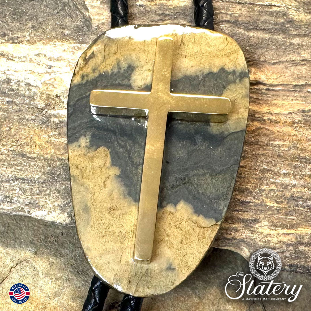 Large natural slate bolo tie with stainless steel cross