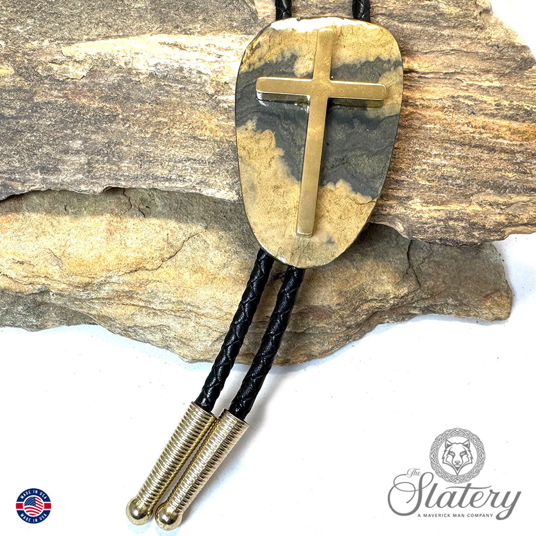 Large natural slate bolo tie with stainless steel cross