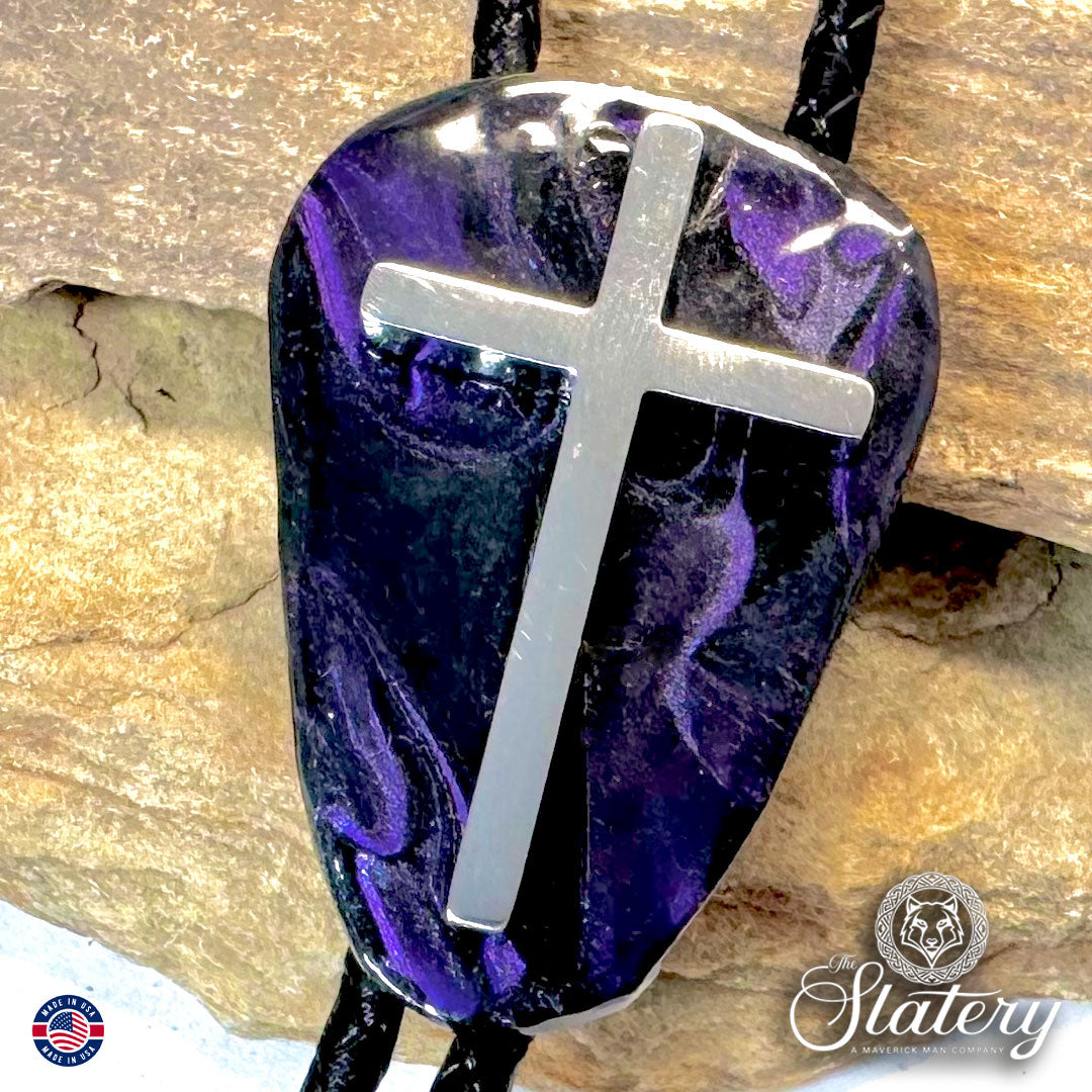 Purple and black bolo tie made from slate with stainless steel cross