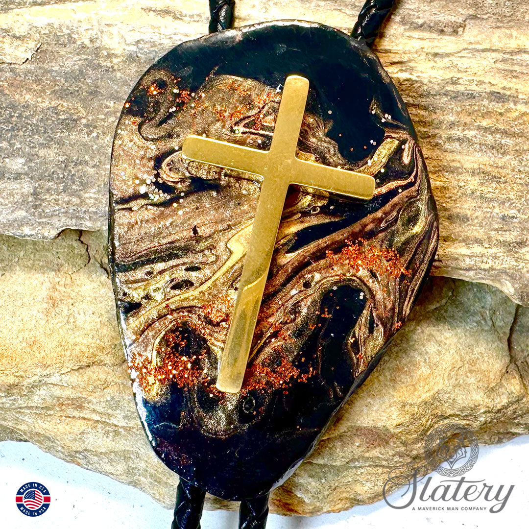 Large Christian bolo tie made from slate with stainless steel cross