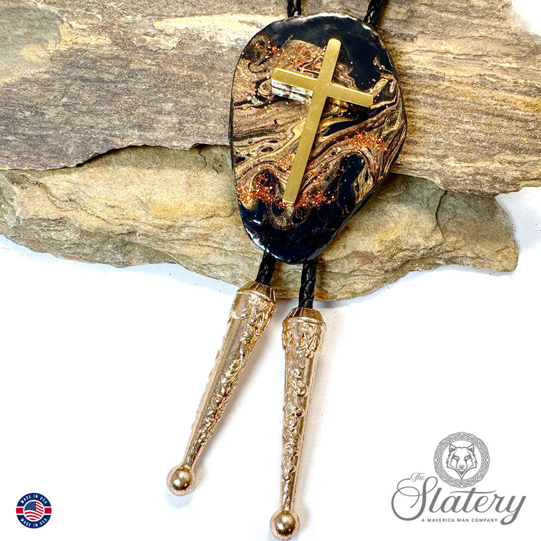 Large Christian bolo tie made from slate with stainless steel cross
