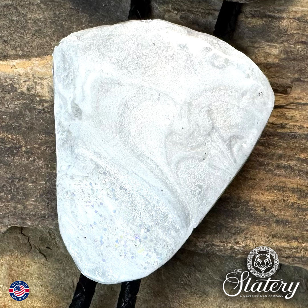 Silver and white bolo tie with sparkle