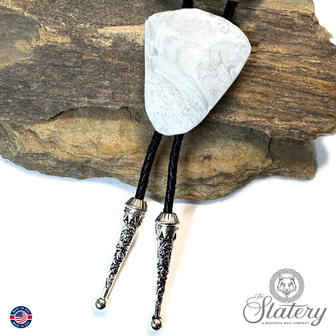 Silver and white bolo tie with sparkle