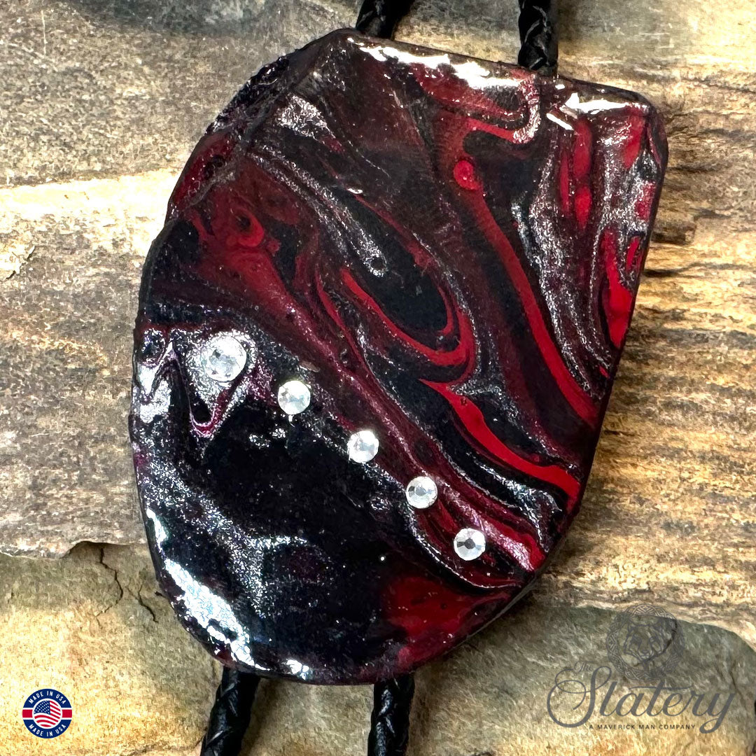 Large red and black slate bolo tie with bling