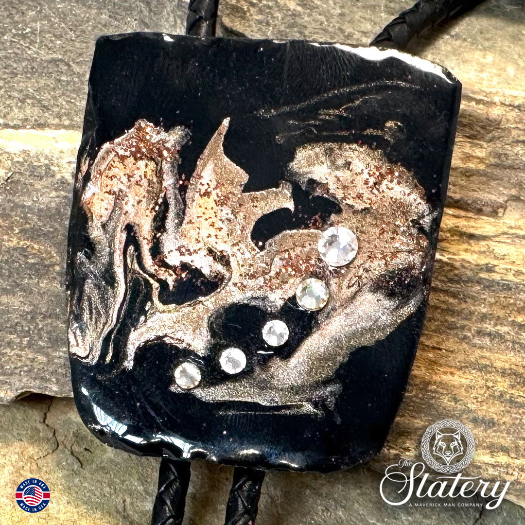 Large black and rose gold slate bolo tie with bling