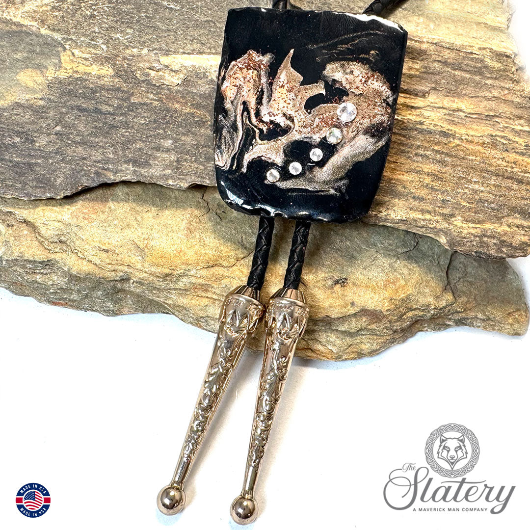 Large black and rose gold slate bolo tie with bling